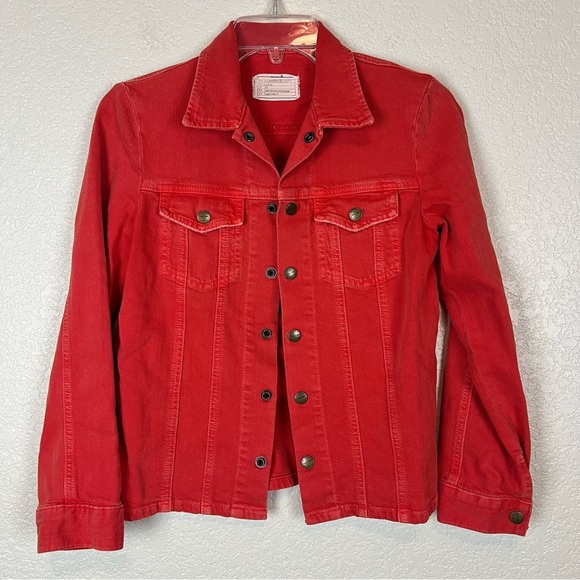Current/Elliot Mechanic Distressed Button Front Denim Jacket in Fire Red Small - Picture 3 of 11